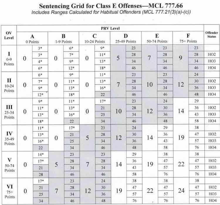 Sentencing grid for class E Offenses